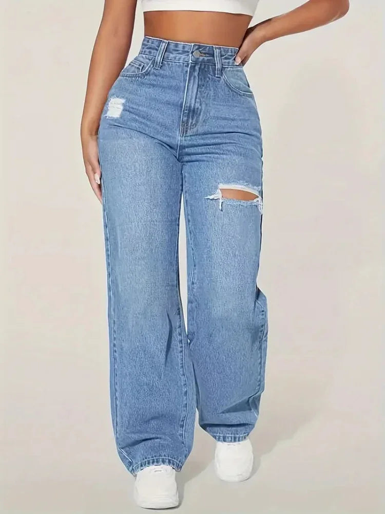High Waist Wide-Leg Jeans – Lockerer Fit, Cut-Out Details, Gewaschener Denim